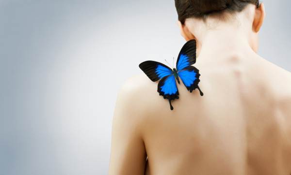 motýl seděl na rameni 