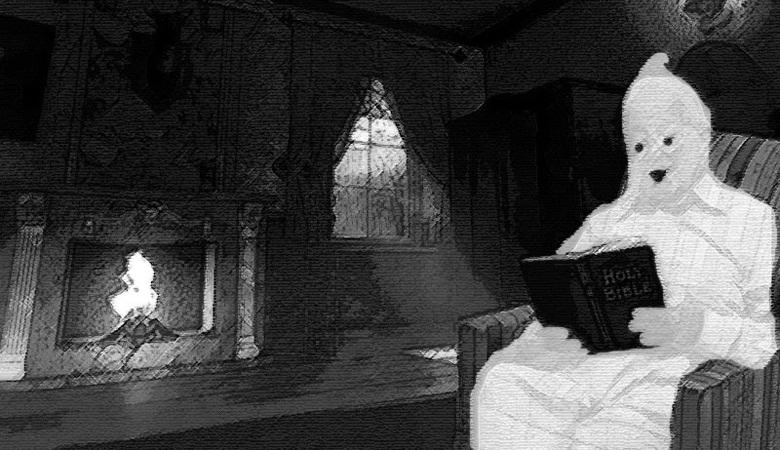 Duch četl Bibli ve staré anglické hospodě.