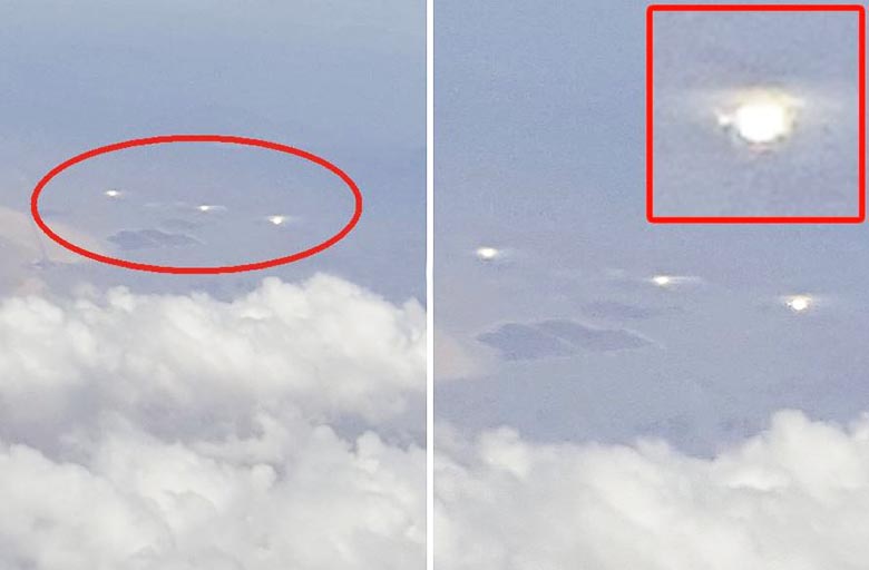Tři světelné UFO viděné cestujícími v letadle
